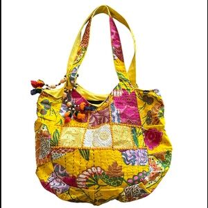 Tribe Azure Fair Trade Cotton Yellow Multi Patchwork Boho Tassel Tote Bag NWOT